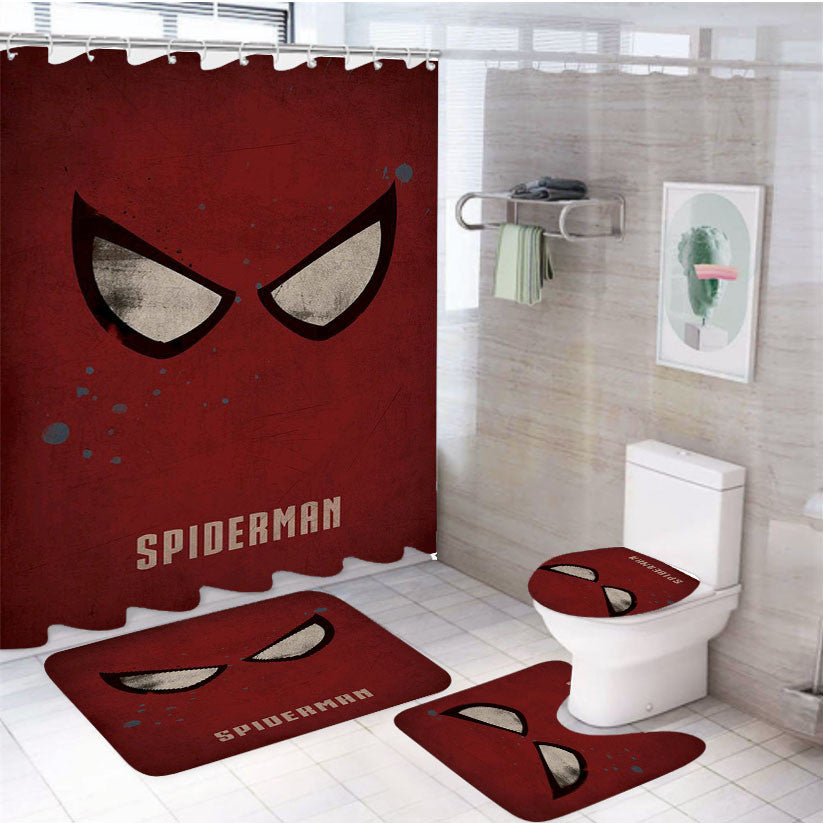 Spiderman Face 4Pcs Bathroom Non-Slip Rugs Shower Curtain Fabric Waterproof