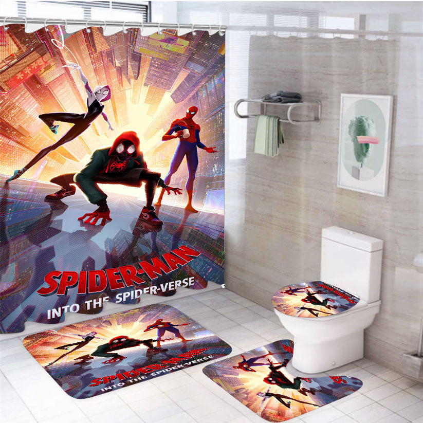 Spiderman In The Spiderverse Poster 4Pcs Bathroom Non-Slip Rugs Shower Curtain Fabric Waterproof
