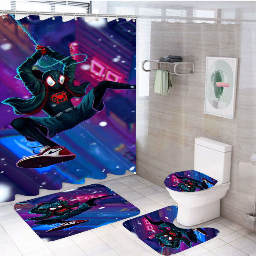 Spiderman Into The Spider-Verse 4Pcs Bathroom Non-Slip Rugs Shower Curtain Fabric Waterproof