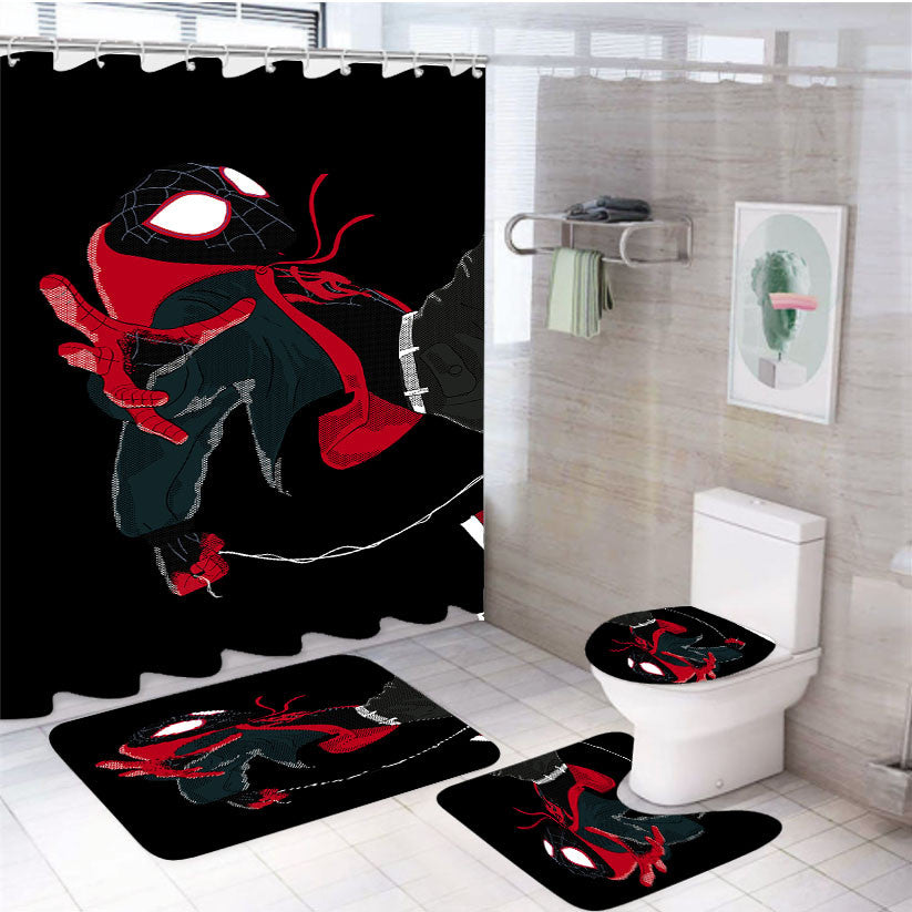 Spiderman Into The Spider V 4Pcs Bathroom Non-Slip Rugs Shower Curtain Fabric Waterproof