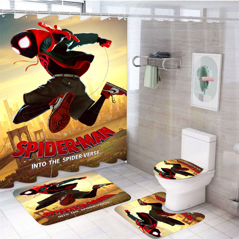 Spiderman Into The Spider Verse Poster 4Pcs Bathroom Non-Slip Rugs Shower Curtain Fabric Waterproof