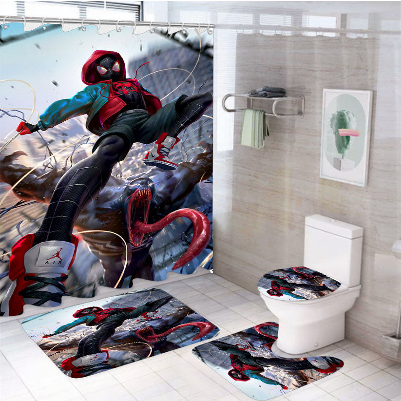 Spiderman Into The Spider Verse X Venom 4Pcs Bathroom Non-Slip Rugs Shower Curtain Fabric Waterproof