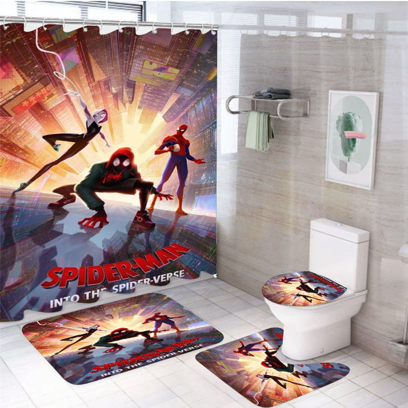 Spiderman Into The Spiderverse 4Pcs Bathroom Non-Slip Rugs Shower Curtain Fabric Waterproof