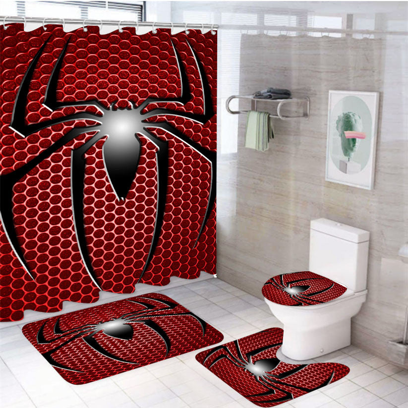 Spiderman Logo 4Pcs Bathroom Non-Slip Rugs Shower Curtain Fabric Waterproof