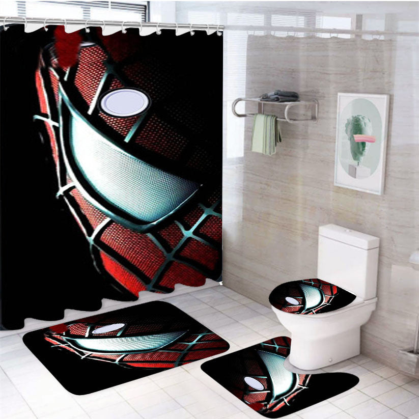 Spiderman Mask 4Pcs Bathroom Non-Slip Rugs Shower Curtain Fabric Waterproof