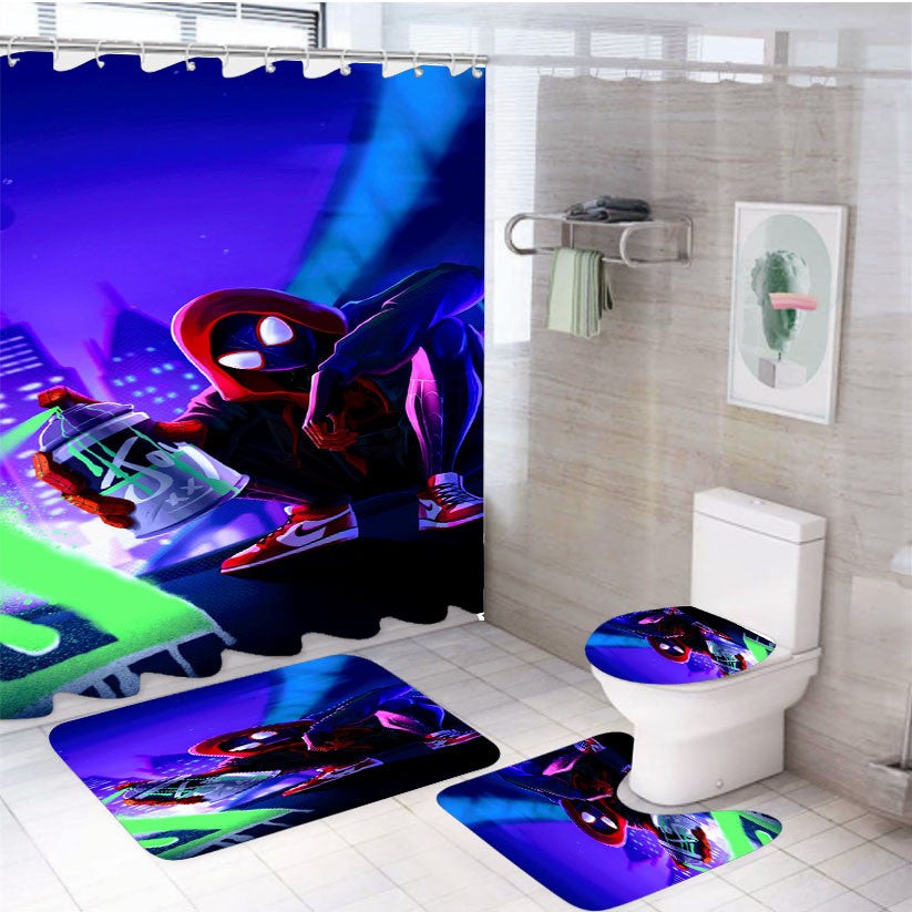Spiderman Miles Morales Spray Paint 4Pcs Bathroom Non-Slip Rugs Shower Curtain Fabric Waterproof