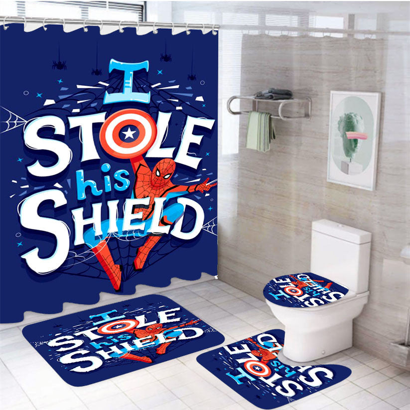 Spiderman Shield 4Pcs Bathroom Non-Slip Rugs Shower Curtain Fabric Waterproof