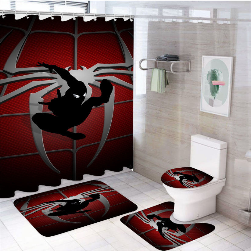 Spiderman Silhouette Chest Logo 4Pcs Bathroom Non-Slip Rugs Shower Curtain Fabric Waterproof