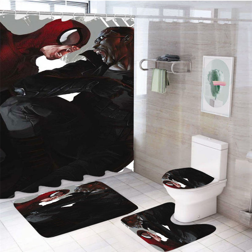 Spiderman Vs Blade 4Pcs Bathroom Non-Slip Rugs Shower Curtain Fabric Waterproof