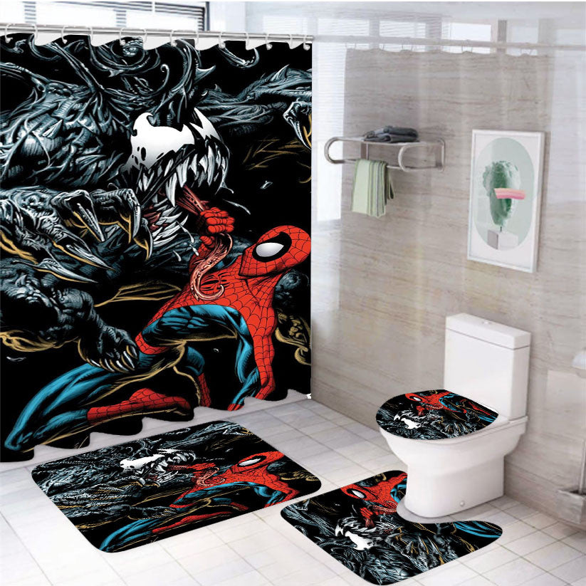 Spiderman Vs Venom Comics 4Pcs Bathroom Non-Slip Rugs Shower Curtain Fabric Waterproof