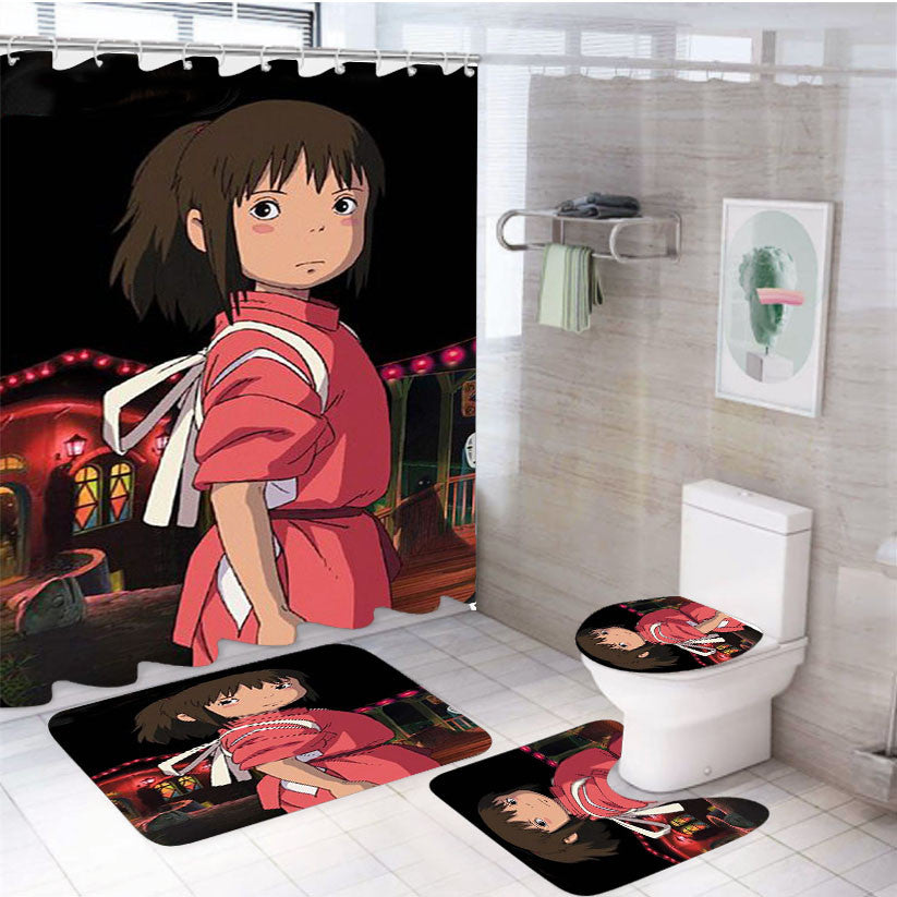 Spirited Away Anime 4Pcs Bathroom Non-Slip Rugs Shower Curtain Fabric Waterproof