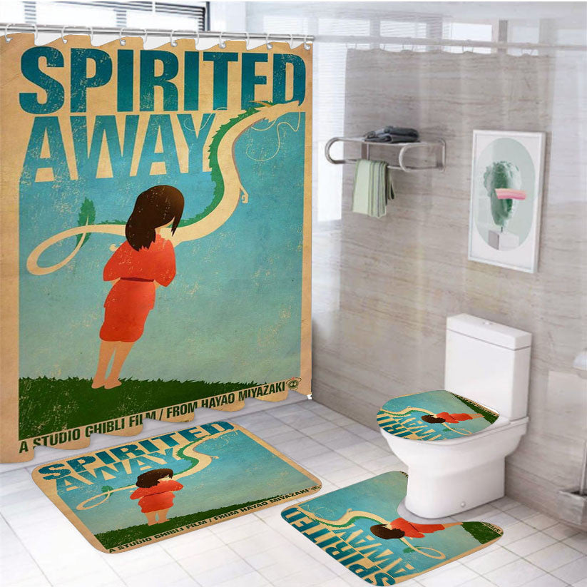 Spirited Away Retro Poster 4Pcs Bathroom Non-Slip Rugs Shower Curtain Fabric Waterproof
