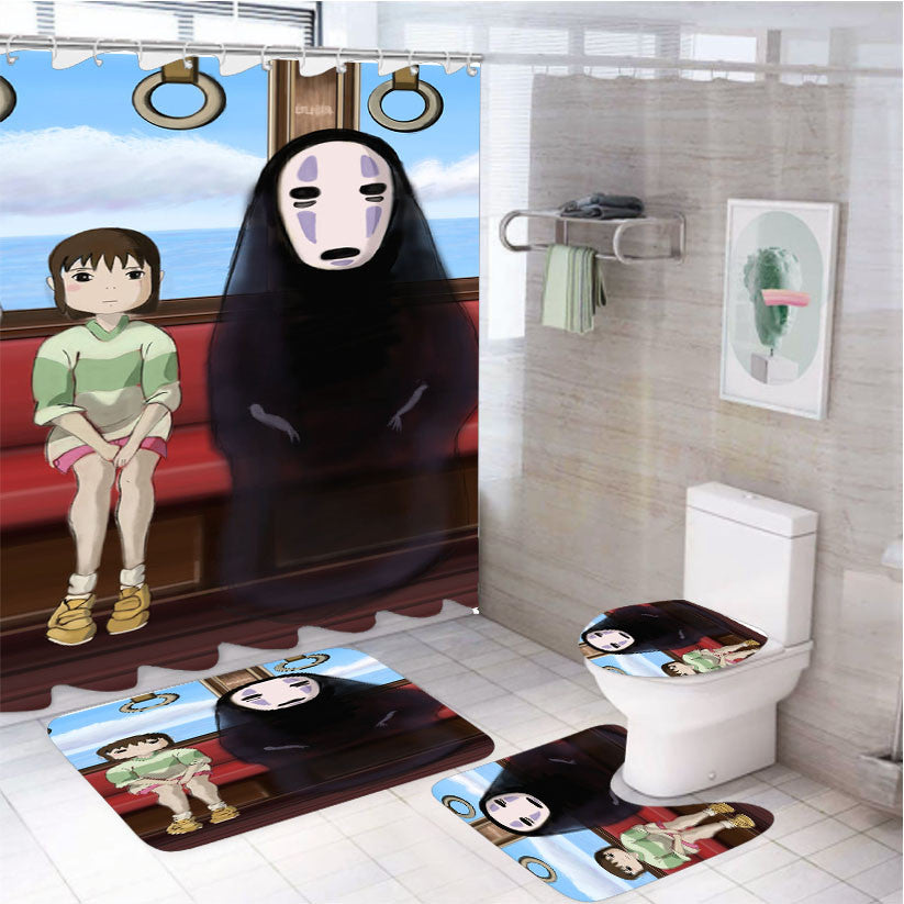Spirited Away Train 4Pcs Bathroom Non-Slip Rugs Shower Curtain Fabric Waterproof