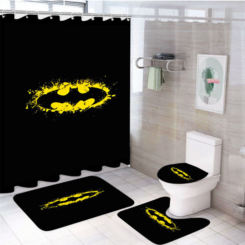Splat Batman Logo 4Pcs Bathroom Non-Slip Rugs Shower Curtain Fabric Waterproof