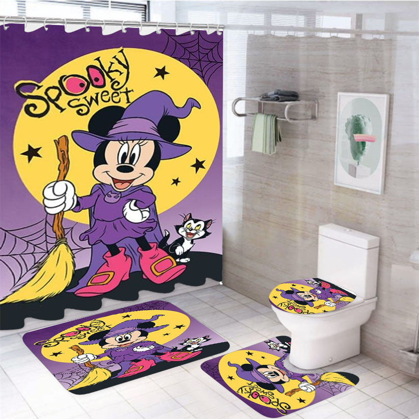 Spooky Sweet Minnie Figaro 4Pcs Bathroom Non-Slip Rugs Shower Curtain Fabric Waterproof