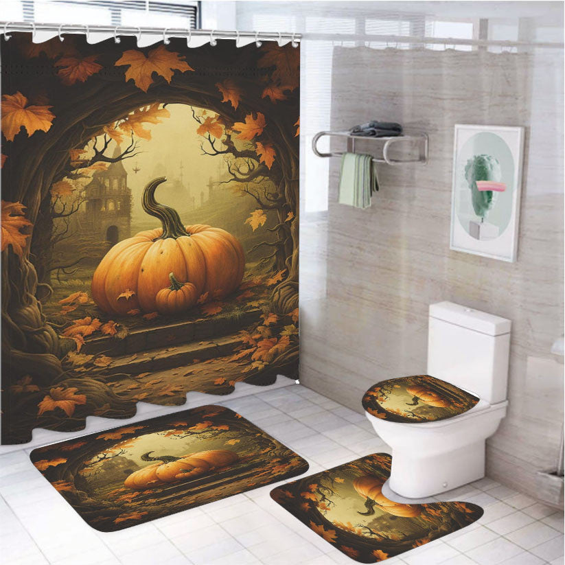 Spooky Whimsical Moody Pumpkin 4Pcs Bathroom Non-Slip Rugs Shower Curtain Fabric Waterproof