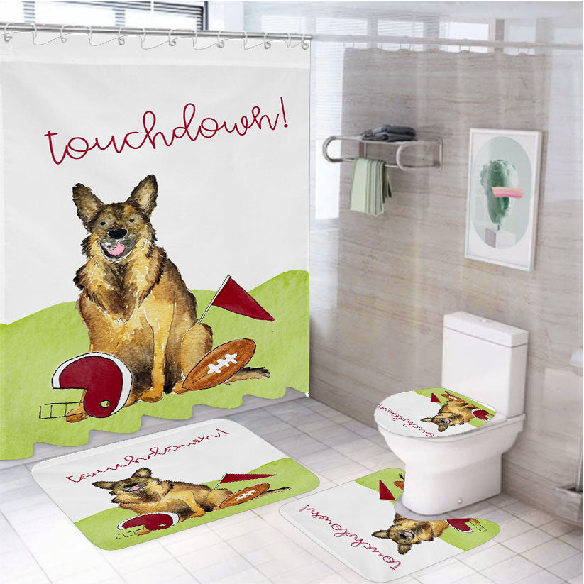 Sporty Football German Shepherd 4Pcs Bathroom Non-Slip Rugs Shower Curtain Fabric Waterproof