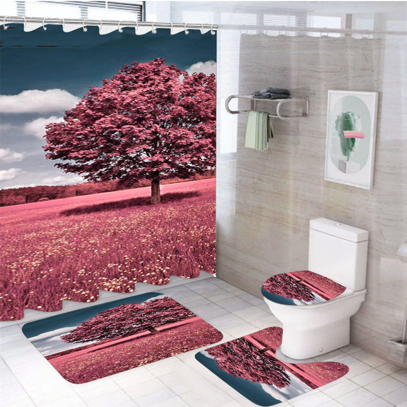 Spring 4Pcs Bathroom Non-Slip Rugs Shower Curtain Fabric Waterproof