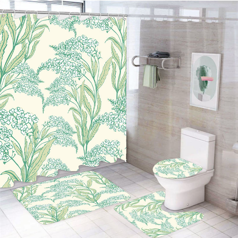 Spring Blossom Flower 4Pcs Bathroom Non-Slip Rugs Shower Curtain Fabric Waterproof