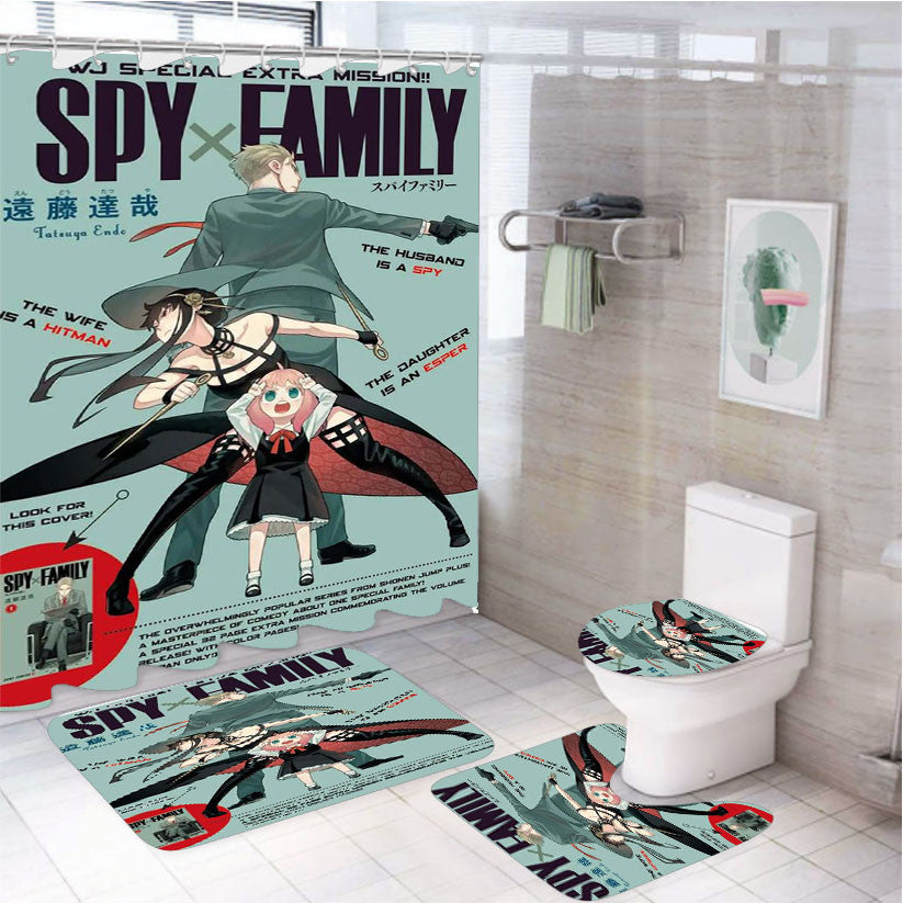 Spy X Family Manga Cover 4Pcs Bathroom Non-Slip Rugs Shower Curtain Fabric Waterproof