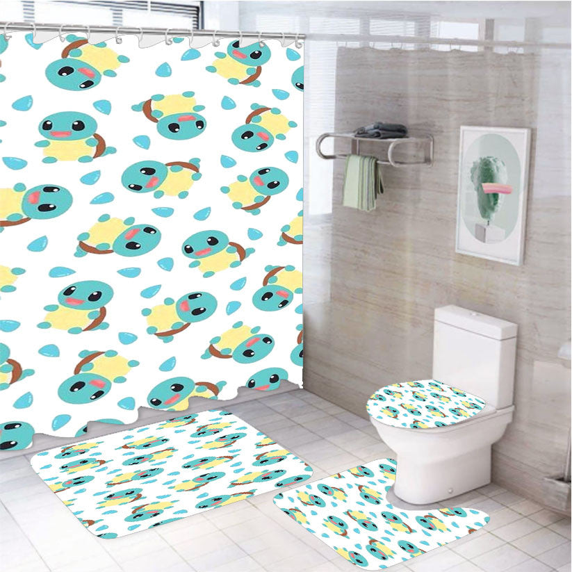 Squirtle Cute Pokemon Pattern 4Pcs Bathroom Non-Slip Rugs Shower Curtain Fabric Waterproof
