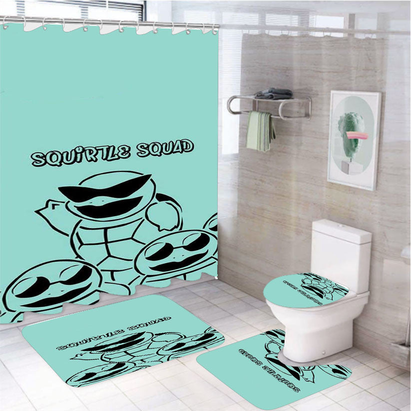Squirtle Squad 4Pcs Bathroom Non-Slip Rugs Shower Curtain Fabric Waterproof