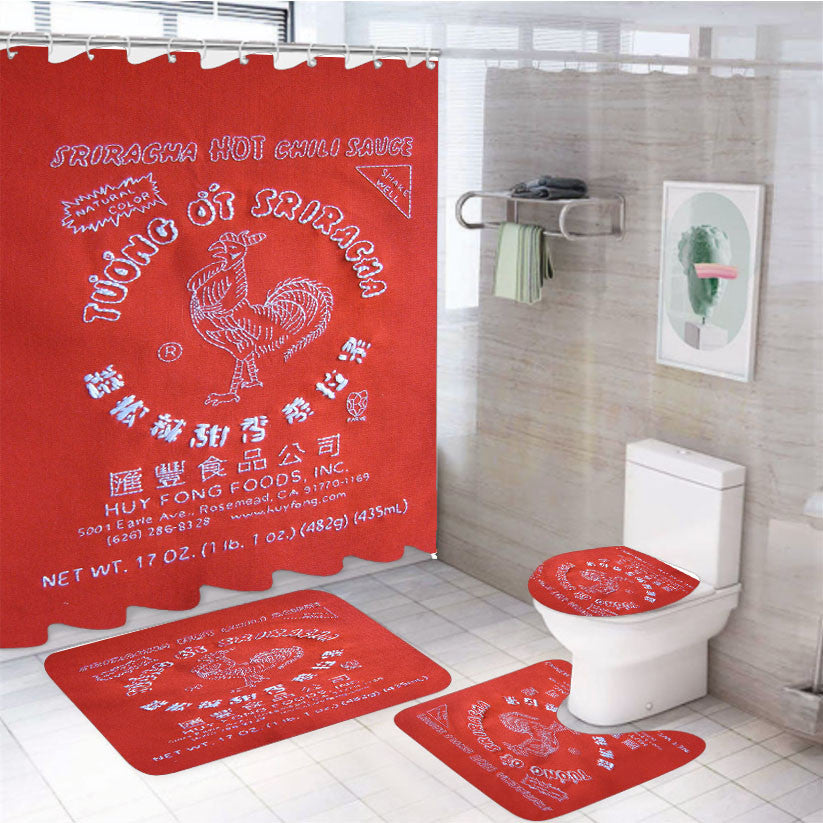 Sriracha Hot Sauce 4Pcs Bathroom Non-Slip Rugs Shower Curtain Fabric Waterproof