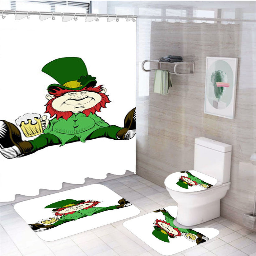 St Patricks Day Cartoon 4Pcs Bathroom Non-Slip Rugs Shower Curtain Fabric Waterproof