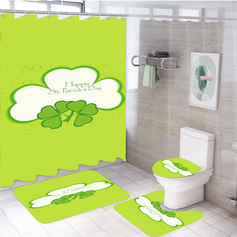 St Patricks Day Clover 4Pcs Bathroom Non-Slip Rugs Shower Curtain Fabric Waterproof
