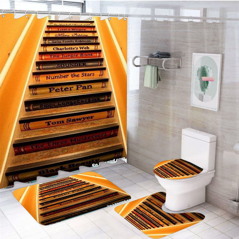 Stairs Bookshelf 4Pcs Bathroom Non-Slip Rugs Shower Curtain Fabric Waterproof