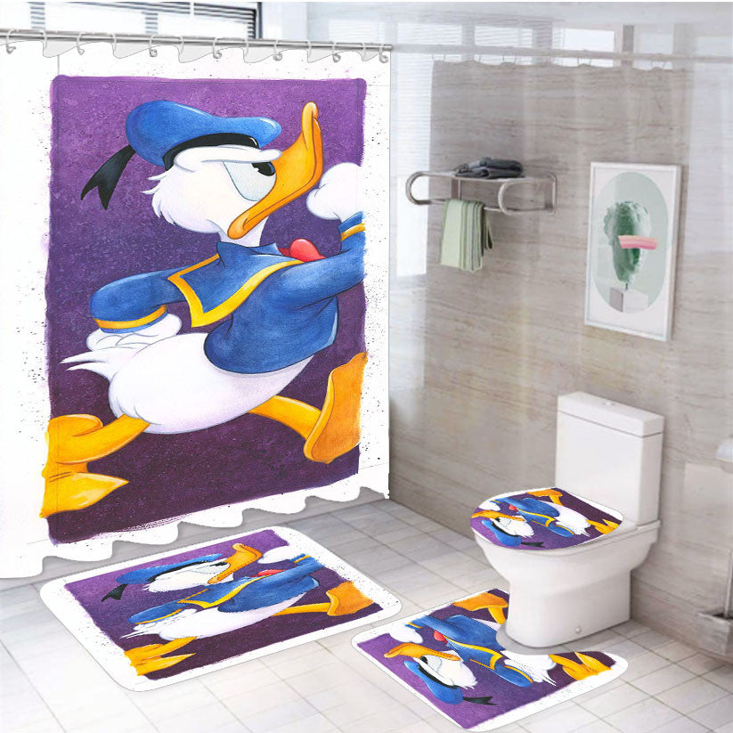 Stand Donald Duck 4Pcs Bathroom Non-Slip Rugs Shower Curtain Fabric Waterproof
