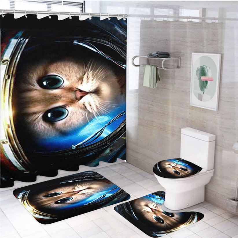 Star Craft Cat 4Pcs Bathroom Non-Slip Rugs Shower Curtain Fabric Waterproof