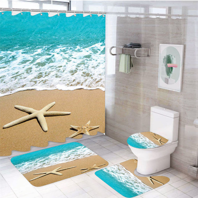 Star Fish In Beach 4Pcs Bathroom Non-Slip Rugs Shower Curtain Fabric Waterproof