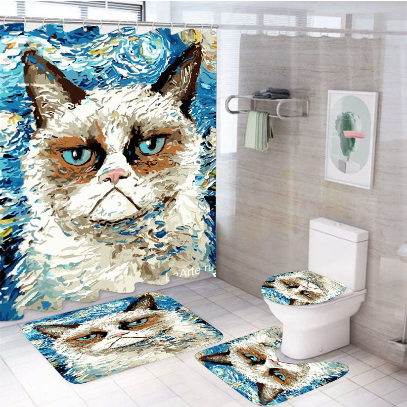 Starry Night Grumpy Cat 4Pcs Bathroom Non-Slip Rugs Shower Curtain Fabric Waterproof