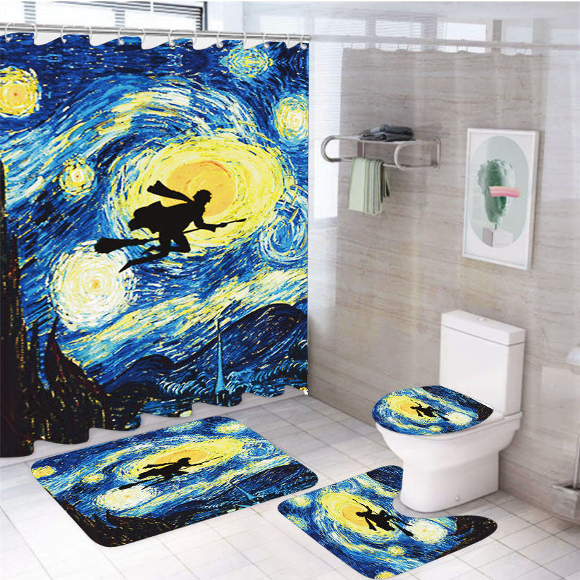Starry Night With Harry Potter 4Pcs Bathroom Non-Slip Rugs Shower Curtain Fabric Waterproof