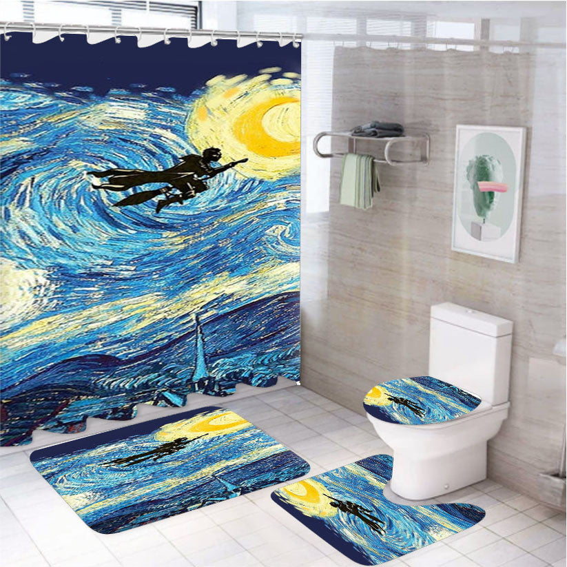 Starry Potter 4Pcs Bathroom Non-Slip Rugs Shower Curtain Fabric Waterproof