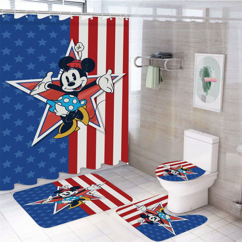 Stars And Stripes Minnie 4Pcs Bathroom Non-Slip Rugs Shower Curtain Fabric Waterproof