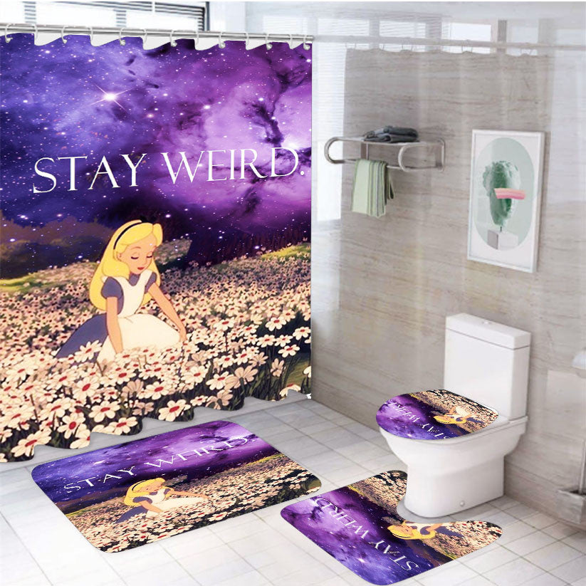 Stay Weird Alice Wonderland 4Pcs Bathroom Non-Slip Rugs Shower Curtain Fabric Waterproof