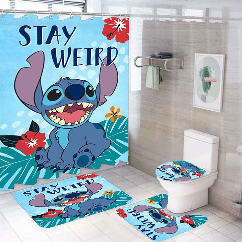 Stay Weird Stitch 4Pcs Bathroom Non-Slip Rugs Shower Curtain Fabric Waterproof