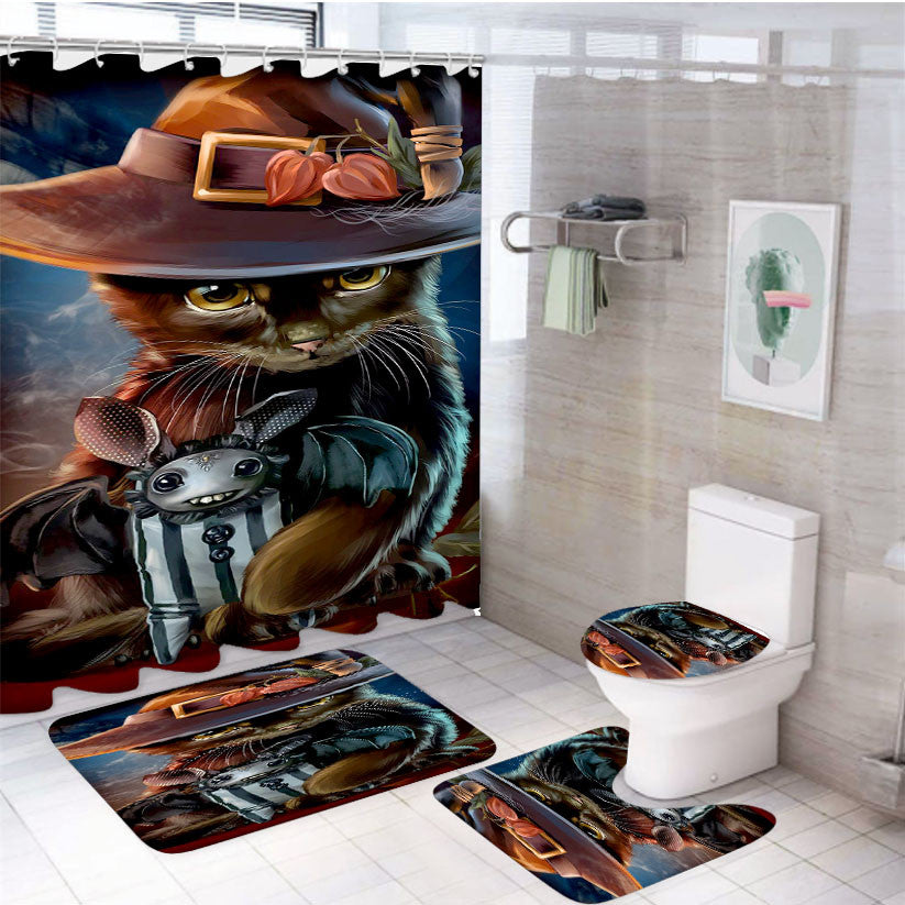 Steampunk Cat Halloween 4Pcs Bathroom Non-Slip Rugs Shower Curtain Fabric Waterproof