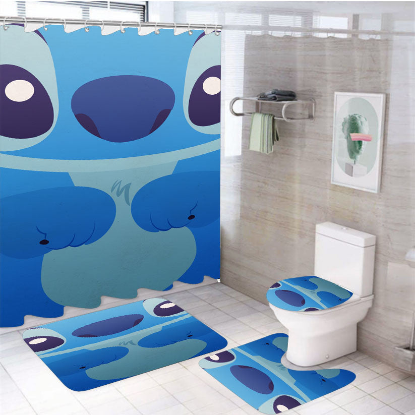 Stich Disney Pixart 4Pcs Bathroom Non-Slip Rugs Shower Curtain Fabric Waterproof