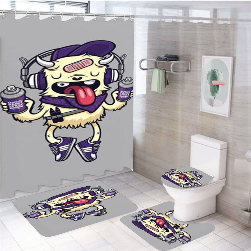 Street Art Monster 4Pcs Bathroom Non-Slip Rugs Shower Curtain Fabric Waterproof