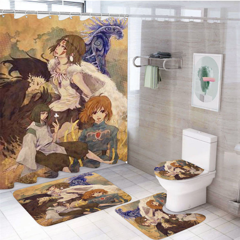 Studio Ghibli Princess Mononoke 4Pcs Bathroom Non-Slip Rugs Shower Curtain Fabric Waterproof