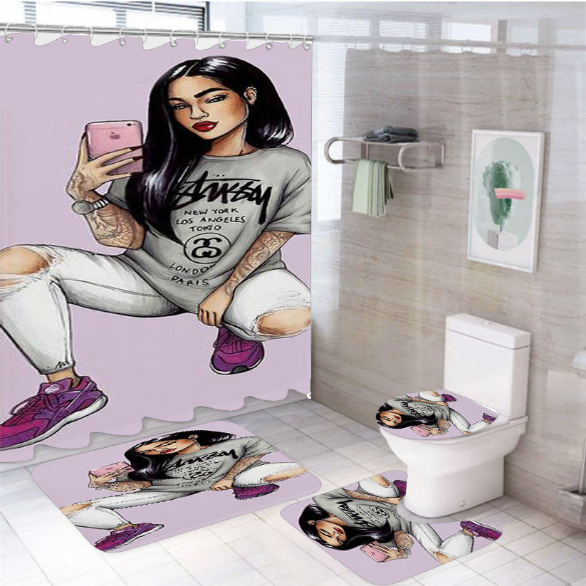 Stussy Girl 4Pcs Bathroom Non-Slip Rugs Shower Curtain Fabric Waterproof