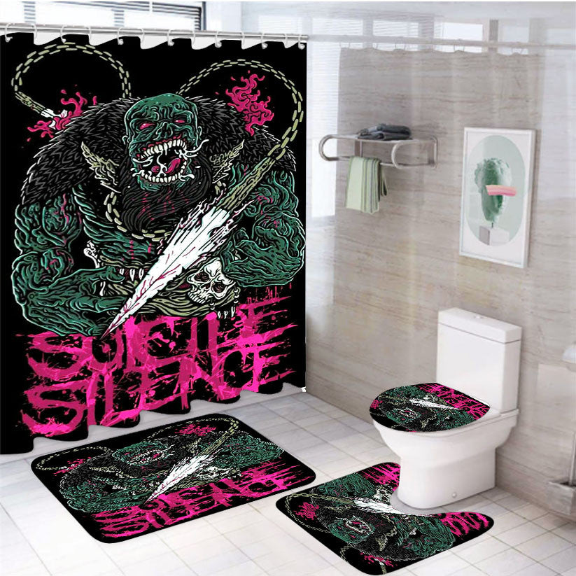 Sucide Silence Monster 4Pcs Bathroom Non-Slip Rugs Shower Curtain Fabric Waterproof