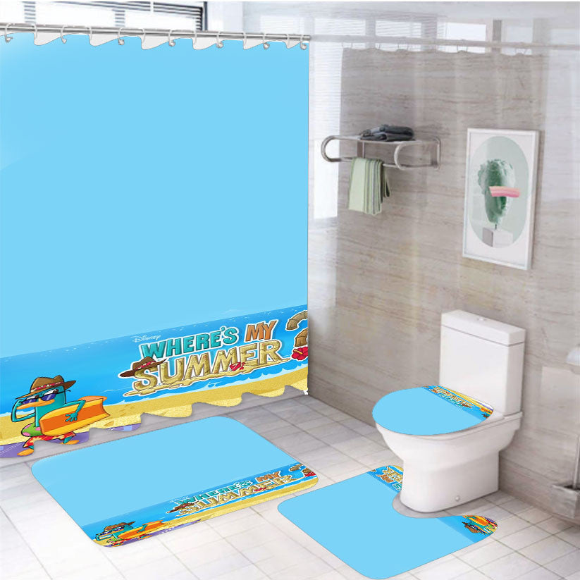 Summer Disney 4Pcs Bathroom Non-Slip Rugs Shower Curtain Fabric Waterproof