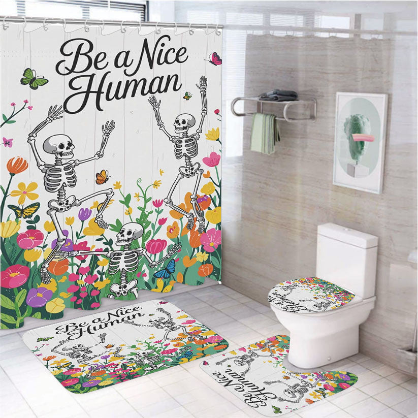 Summer Floral Skeletons 4Pcs Bathroom Non-Slip Rugs Shower Curtain Fabric Waterproof