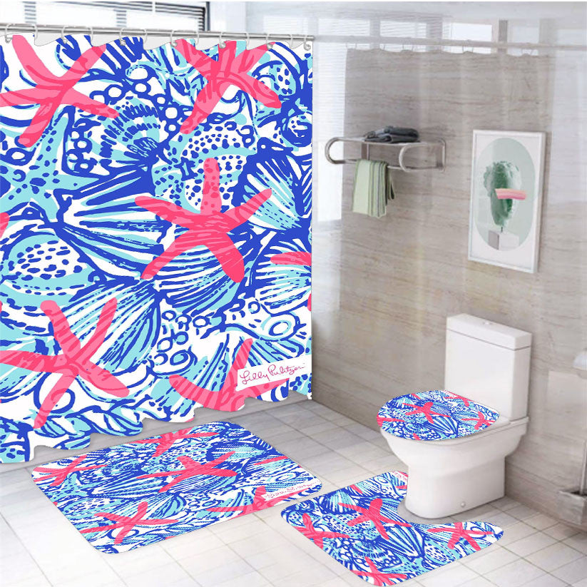 Summer Fresh Lilly Pulitzer 4Pcs Bathroom Non-Slip Rugs Shower Curtain Fabric Waterproof