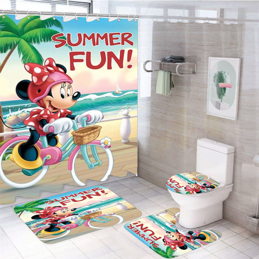 Summer Fun Bicycle Minnie 4Pcs Bathroom Non-Slip Rugs Shower Curtain Fabric Waterproof