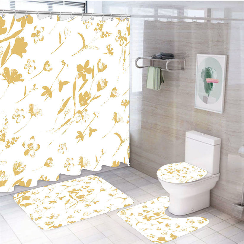 Summer Printed Flower 4Pcs Bathroom Non-Slip Rugs Shower Curtain Fabric Waterproof